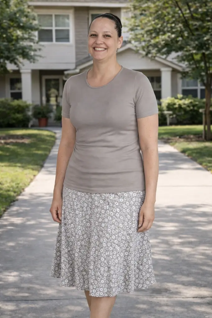 Femme souriante dans un quartier calme.webp