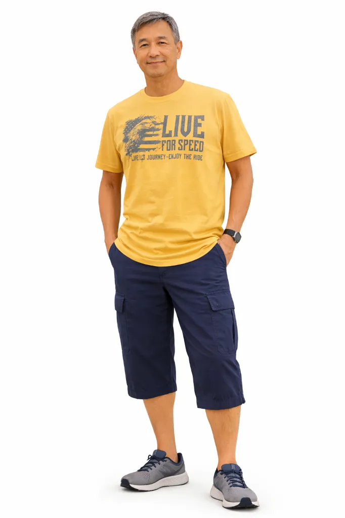 Homme souriant en T-shirt jaune.webp