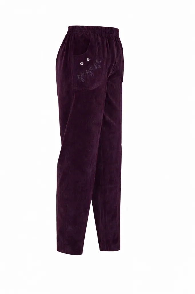 Pantalon en velours prune avec poche décorative.webp