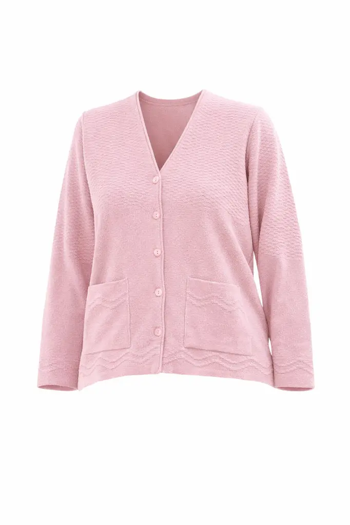 Cardigan rose clair en tricot texturé.webp