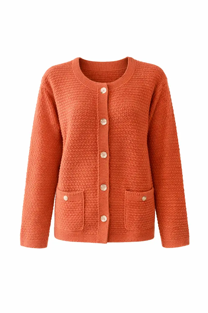 Cardigan orange texturé sur fond blanc.webp