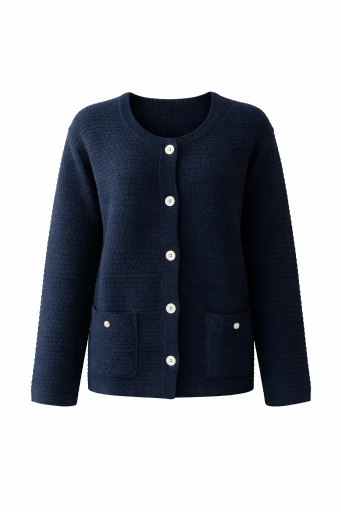 Cardigan bleu navy à boutons blancs.webp